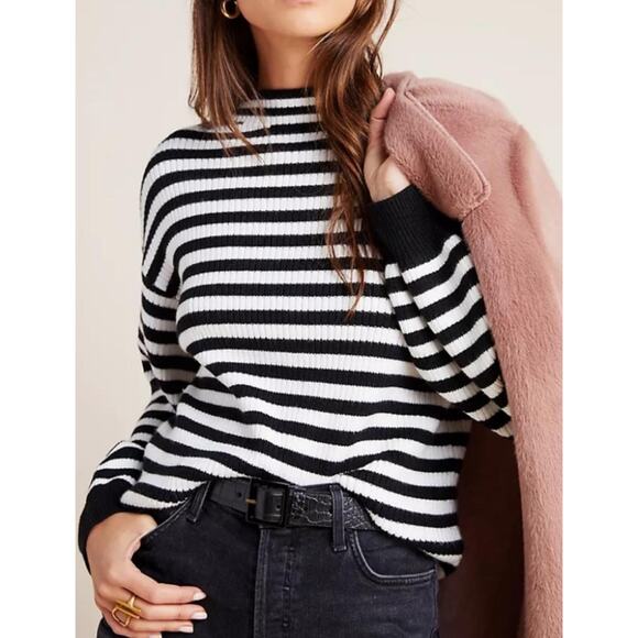 Anthropologie Sydney Stripe Mock Neck Sweater Medium Balloon Sleeve Line & Dot - Picture 1 of 10